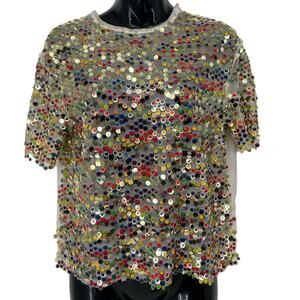 Zara Trafaluc White Multicolor Sheer Sequined Short Sleeve Top Size Medium